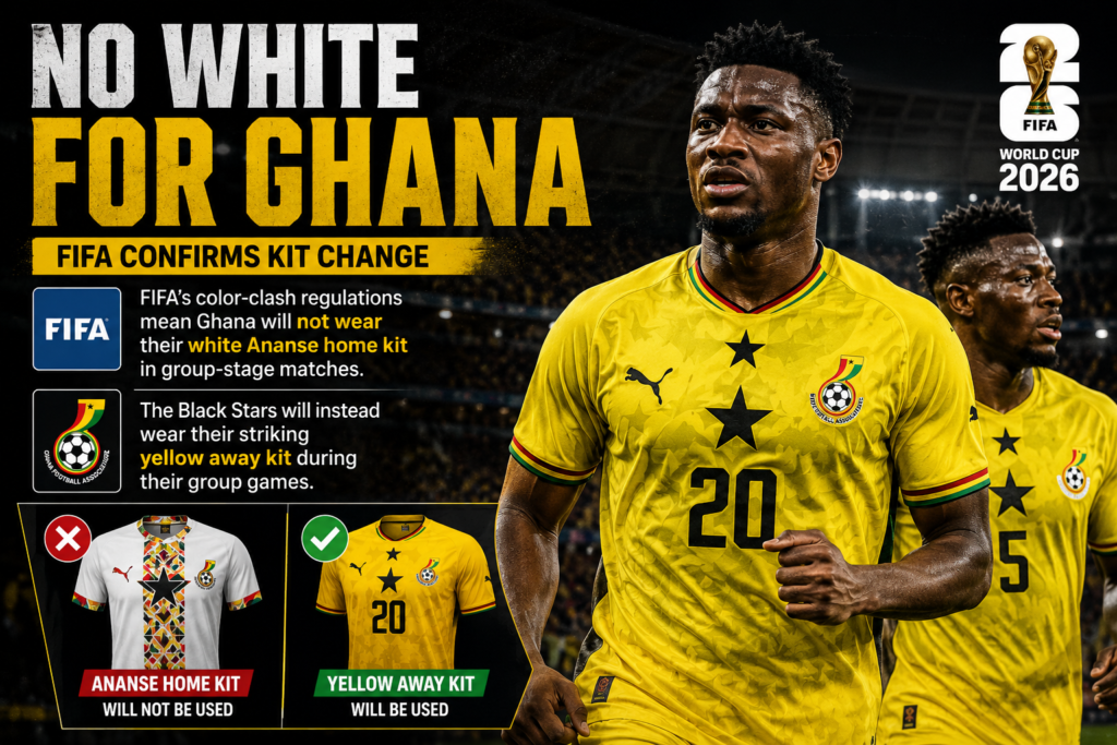 Ghana’s official 2026 World Cup home jersey No white for Ghana: FIFA confirms Black Stars will not wear Ananse home kit for group games features a white base with bold, vibrant geometric patterns and a central black star Puma Men's Ghana Home Jersey. However, due to FIFA's color clash regulations, the Black Stars are wearing their striking yellow away kit.