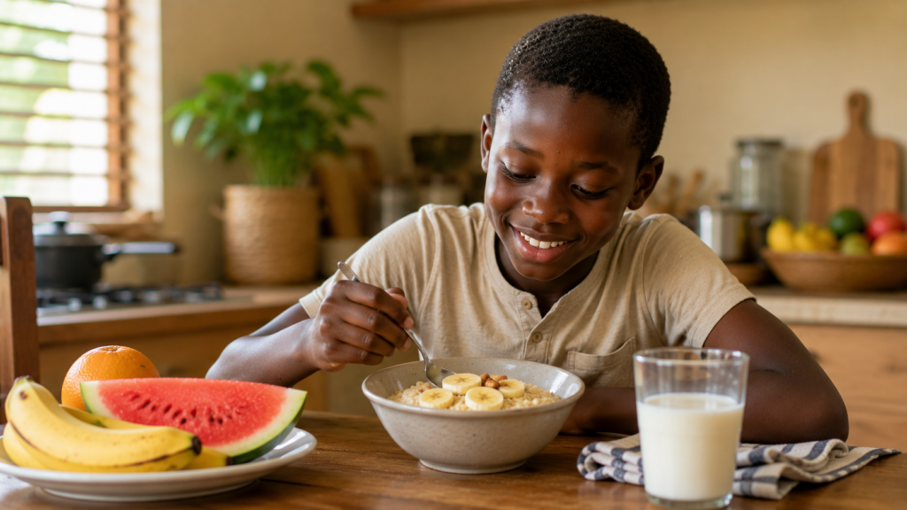 Ghanaian Boy Eating Healthy Breakfast during Hot Climate