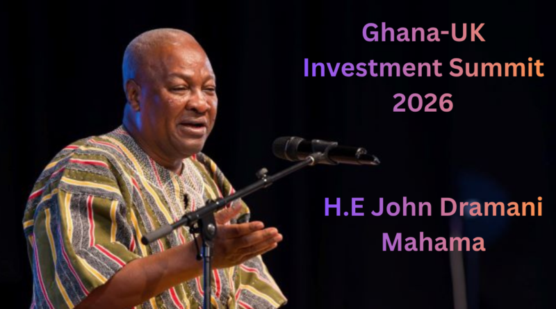 President John Dramani Mahama addressing investors at the Ghana UK Investment Summit 2026 in London, promoting investment opportunities in Ghana.