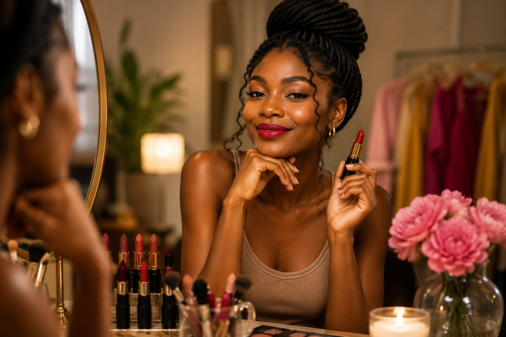 A Ghanaian girl beautifully confidenting herself with perfect lipstick colour and undertone.