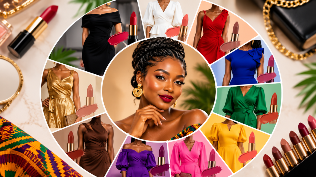 A beautiful Ghanaian girl is choosing the right lipstick colour compatible with the dress colour according to her skin tone | 2026