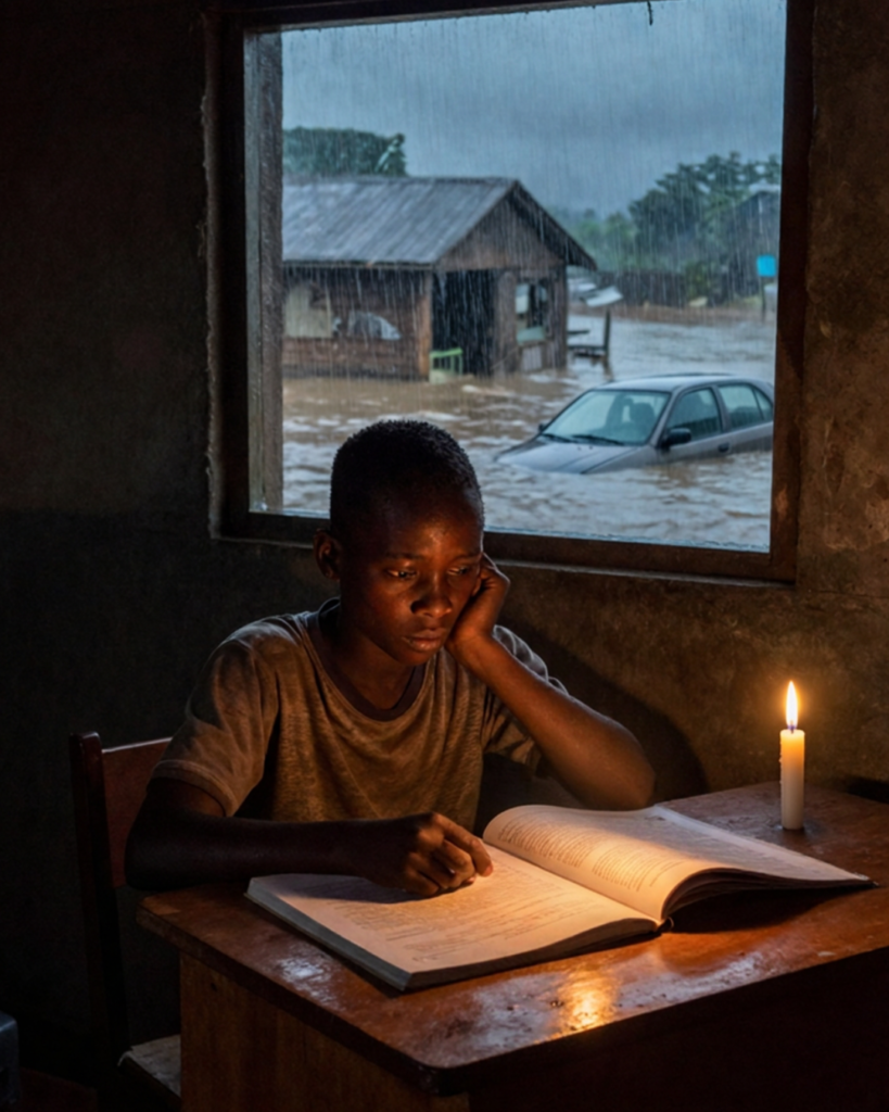 Ghanaian students study during the floods 2026