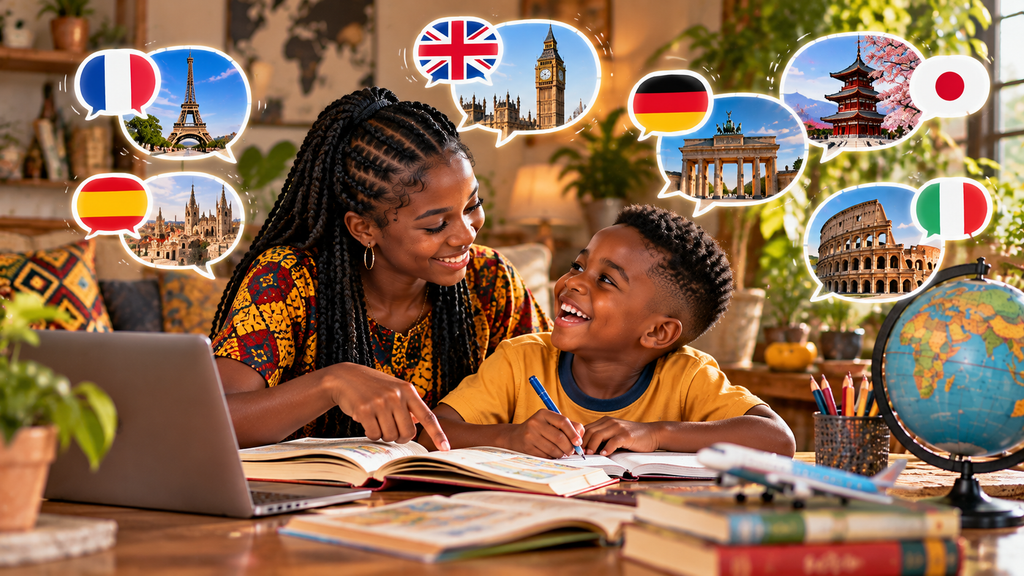 A Ghanaian girl with young brother learning new languages as new skills